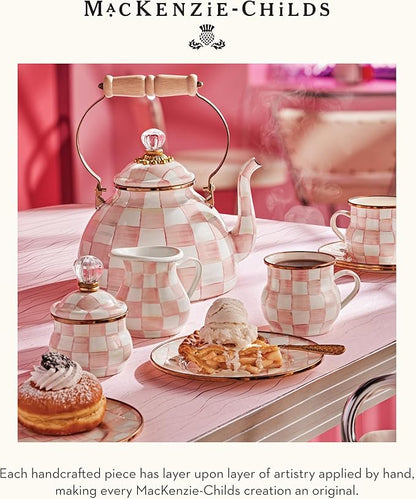 MACKENZIE-CHILDS Enamel Tea Kettle, Stylish Tea Kettle for Stovetop, Pink-and-White Rosy Check, 3 Quarts