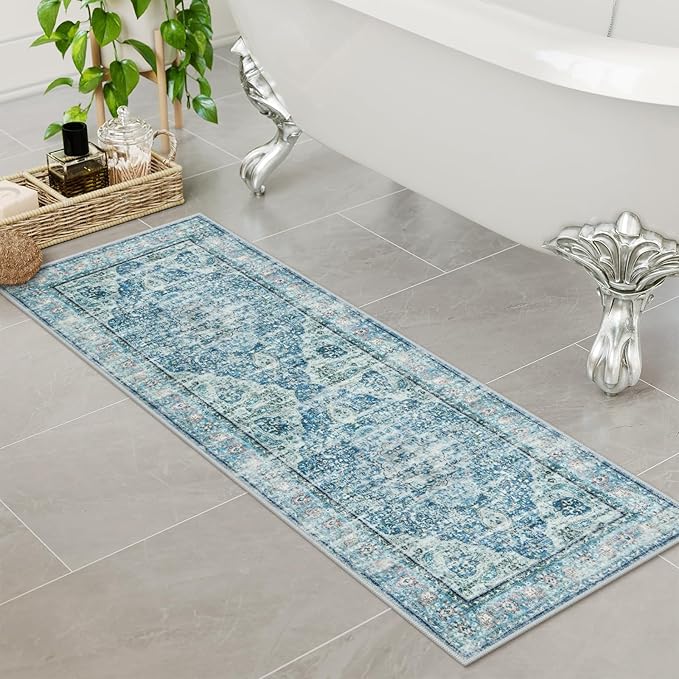 Uphome Bathroom Rugs Runner, Distressed Farmhouse Boho Light Blue Bath Mat, Non Slip Washable Long Bath Rugs, Vintage Traditonal Soft Velvet Bathroom Runner for Bathtub Sink Shower, 18x47 inch