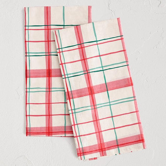 Minted Plaid Tea Towels Cotton Kitchen Towels Decorative with Hanging Loop Set of 2 18x28