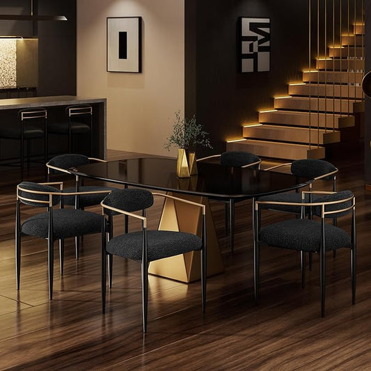 Morden Fort Black Upholstered Dining Chairs Set of 6, Modern Fabric Dining Chairs with Gold Arms and Metal Legs for Kitchen, Living Room and Reception