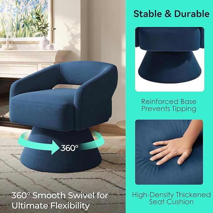LINSY Swivel Barrel Chair, 360 Modern Swivel Accent Chair Boucle Swivel Chair Round Blue Velvet Chairs with Arms, Small Barrel Chair for Small Spaces Bedroom Living Room