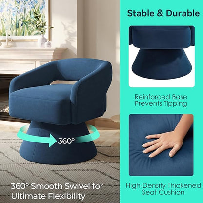 LINSY Swivel Barrel Chair, 360 Modern Swivel Accent Chair Boucle Swivel Chair Round Blue Velvet Chairs with Arms, Small Barrel Chair for Small Spaces Bedroom Living Room