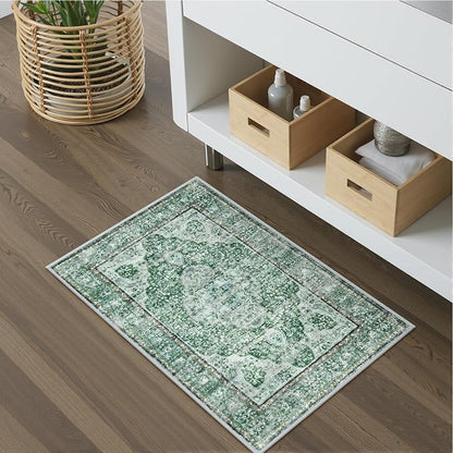 Uphome Green Bath Mat, Distressed Farmhouse Boho Bathroom Rugs, Super Cozy Velvet Small Bathroom Mats, Non Slip Machine Washable Bathroom Floor Mat for Toilet Sink Shower, 18x26 inch