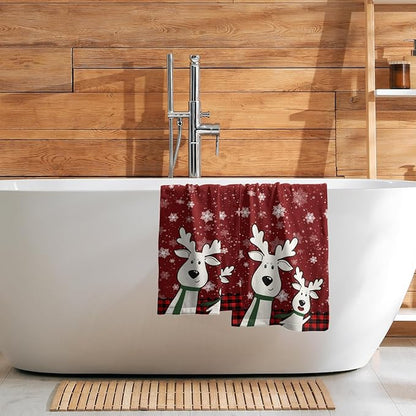 Christmas Deer Hand Towels Set of 2 Red Plaid Moose Elk Snowflake Holiday 16x24