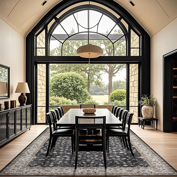 Washable Rugs 8x10 Area Rugs for Living Room,Rugs for Bedroom,Large Carpets,Ultra Soft Faux Wool Retro Dining Room Rug,Non Slip&Non-Shedding Low Pile Vintage Print Rug for Home Office-Black