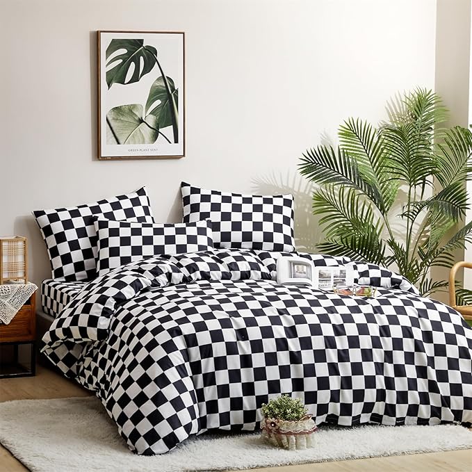 CLOTHKNOW Black White Plaid Full Size Comforter Sets 3Pcs Grid Bedding Comforter Sets Black White Comforter Soft Checkered Comforter with 2 x Pillow Cases