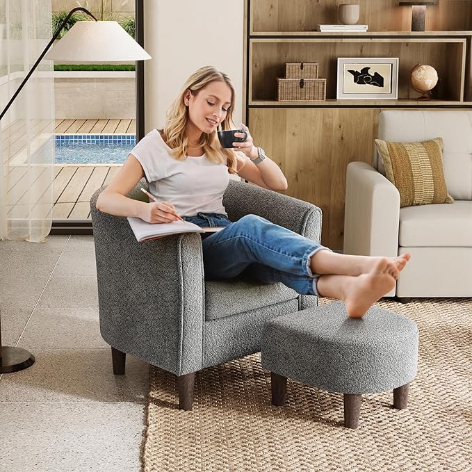 LINSY Accent Chair Ottoman Set: Chenille Barrel Chair with Foot Rest, Mid-Century Modern Small Reading Chair Upholstered Armchair with Footrest for Living Room Bedroom Study Room Office