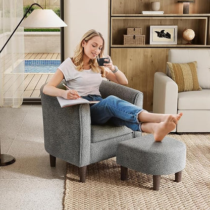 LINSY Accent Chair Ottoman Set: Chenille Barrel Chair with Foot Rest, Mid-Century Modern Small Reading Chair Upholstered Armchair with Footrest for Living Room Bedroom Study Room Office