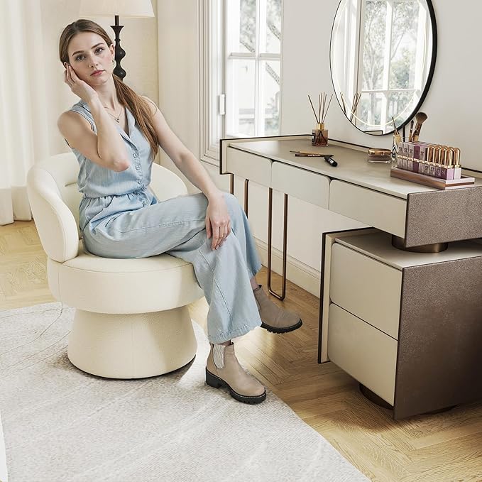 360° Swivel Accent Chairs, Modern Chenille Upholstered Boucle Dining Chair with Back, Vanity Chair Accent Armchair Side Chairs for Dining/Living Room, Bedroom, White