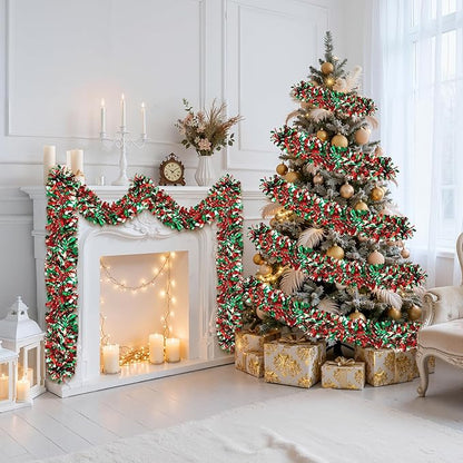 50FT Christmas Tinsel Garland, Red Green Metallic Twist Shiny Hanging Garland Ornaments for Christmas Tree, Party Supplies Thick Metallic Xmas Streamers