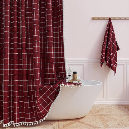 BTTN Extra Long Shower Curtain, 72x84 Inch Long Boho Chic Tassel Linen Fabric Shower Curtain Set with Hooks, Tall Modern Farmhouse Elegant Heavy Duty Thick Cloth Shower Curtains for Bathroom, Burgundy