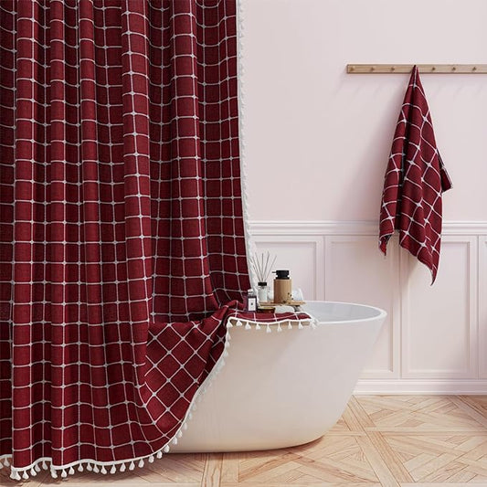 BTTN Extra Long Shower Curtain, 72x84 Inch Long Boho Chic Tassel Linen Fabric Shower Curtain Set with Hooks, Tall Modern Farmhouse Elegant Heavy Duty Thick Cloth Shower Curtains for Bathroom, Burgundy