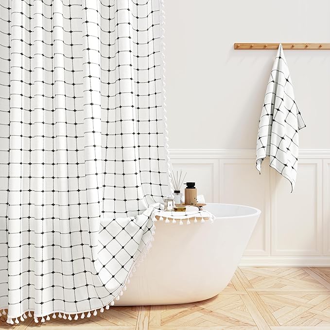 BTTN Extra Long Shower Curtain - 72x96 Inch Long Boho Chic Linen Fabric Heavy Duty Shower Curtain Set with Hooks, Bohemian Farmhouse Shabby Chic Tassel Shower Curtains for Bathroom - White and Black