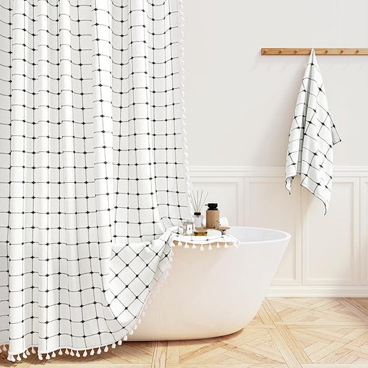 BTTN Extra Long Shower Curtain - 72x96 Inch Long Boho Chic Linen Fabric Heavy Duty Shower Curtain Set with Hooks, Bohemian Farmhouse Shabby Chic Tassel Shower Curtains for Bathroom - White and Black