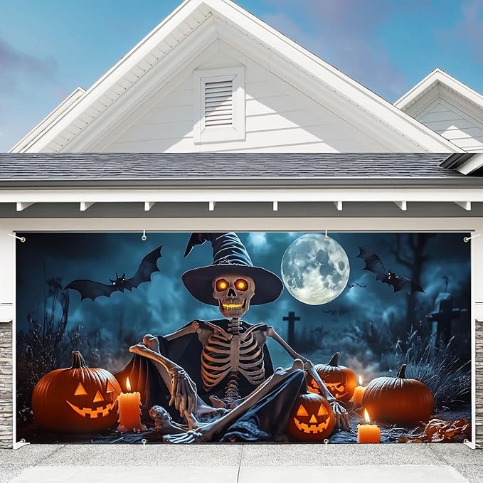 6 x 13 ft Halloween Garage Door Decorations Halloween decorations Witch Door Cover, Hanging Banner, Cauldron Backdrop Mural for Home, Outdoor, Indoor, Spooky Party, Wall, Window (Skull)