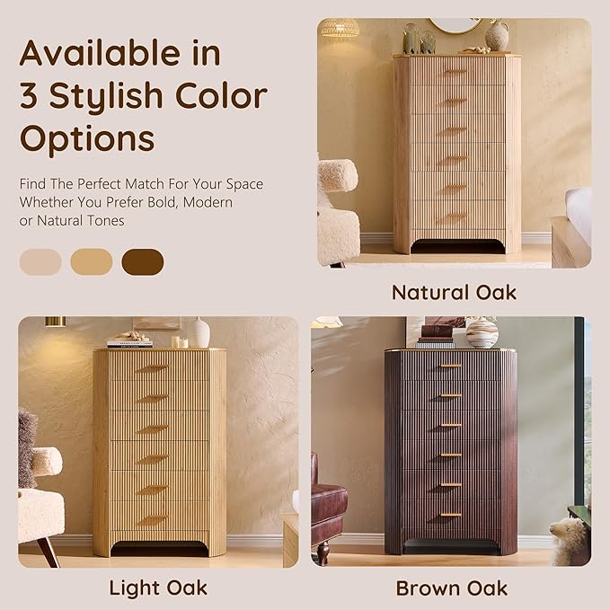 Fluted 6 Drawer Tall Dresser with Curved Profile,47.8" Tall Drawers with Reeded Texture,Gold Handles Storage Organizer Cabinet for Bedroom,Living Room,Entryway,Brown Oak