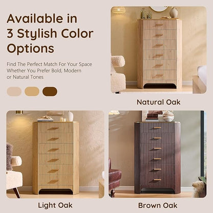 Fluted 6 Drawer Tall Dresser with Curved Profile,47.8" Tall Drawers with Reeded Texture,Gold Handles Storage Organizer Cabinet for Bedroom,Living Room,Entryway,Brown Oak