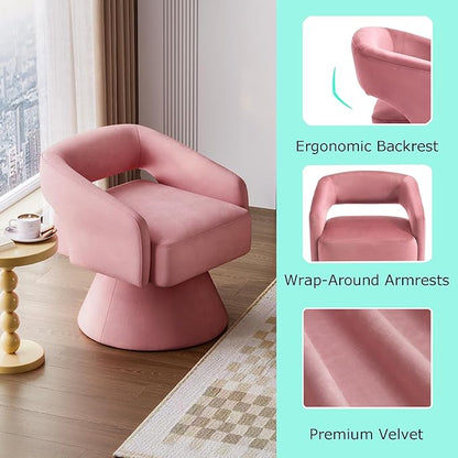 LINSY Swivel Barrel Chair, 360 Modern Swivel Accent Chair Boucle Swivel Chair Round, Pink Velvet Chairs with Arms, Small Barrel Chair for Small Spaces Bedroom Living Room