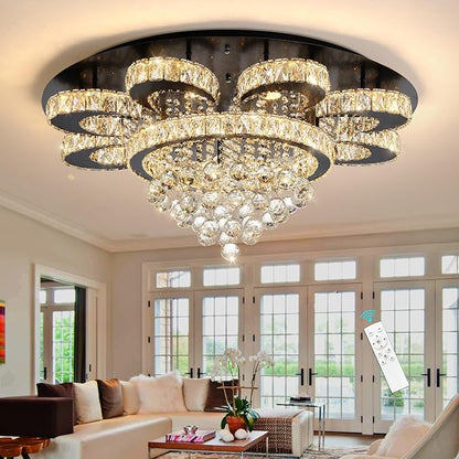 Modern Chandelier Living Room Glam Chandeliers Ceiling Light Fixture Remote Dimmable Lights 32 Inches Luxury Crystal Black Light