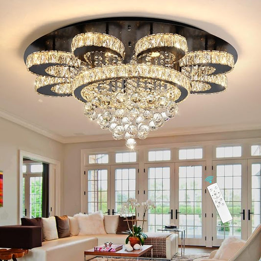 Modern Chandelier Living Room Glam Chandeliers Ceiling Light Fixture Remote Dimmable Lights 32 Inches Luxury Crystal Black Light