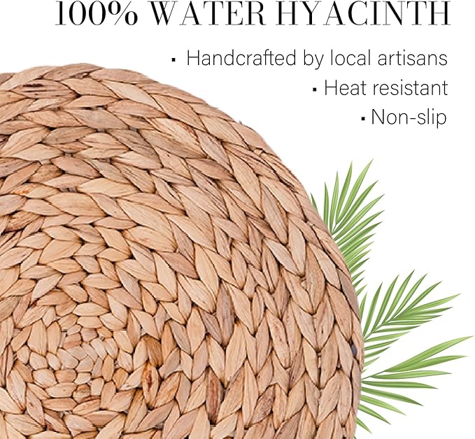 13.8" Set of 4 Round Water Hyacinth Placemats | Boho Woven Rattan Table Mats | Farmhouse Wicker Spring Plate Chargers Like Corn Husk, Seagrass for Wedding, Party, Christmas, Events