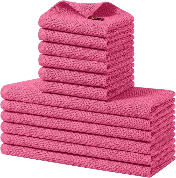 Homaxy 100% Cotton Kitchen Towels and Dishcloths Set, 12 x 12 Inches and 13 x 28 Inches, Set of 12 Bulk Kitchen Towels Set, Ultra Soft Absorbent Dish Cloths for Washing Dishes, Hot Pink