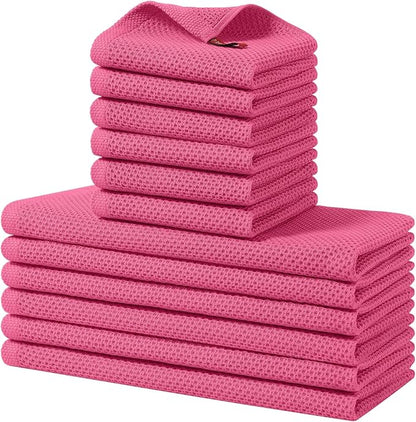 Homaxy 100% Cotton Kitchen Towels and Dishcloths Set, 12 x 12 Inches and 13 x 28 Inches, Set of 12 Bulk Kitchen Towels Set, Ultra Soft Absorbent Dish Cloths for Washing Dishes, Hot Pink