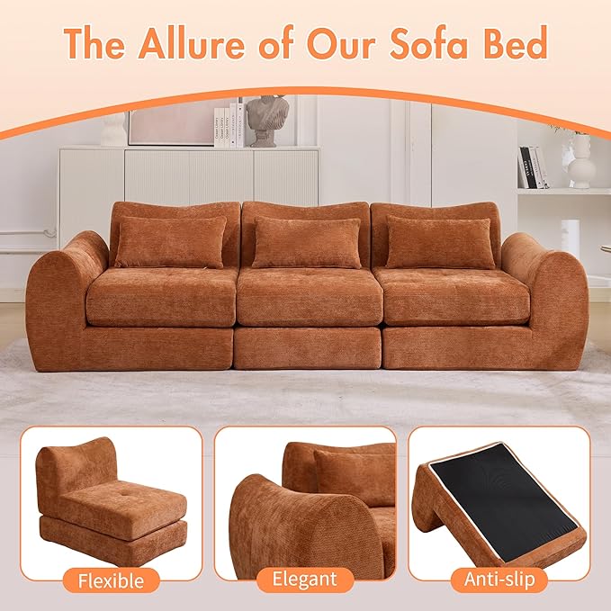 101.6" Modular Sectional Cloud Sofa,Floor Boneless Couch, 4-in-1 Folding Convertible Sofa Bed, Modular Cushion Couch,Suitable for Living Room,Bedroom and Recreation Room (Orange)