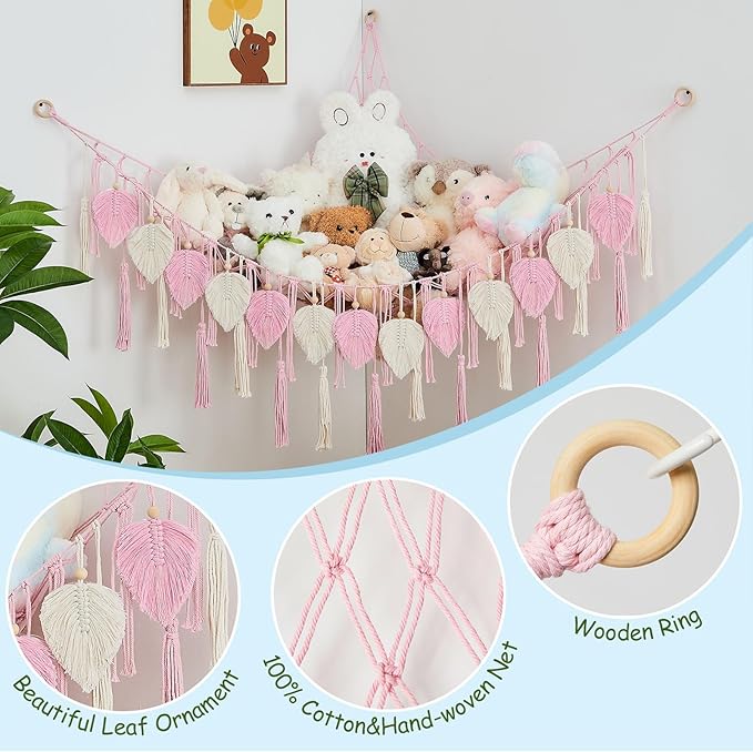 Pretty Jolly Stuffed Animal Storage with Hand Woven Leaf Tassels Hammock Corner Hanging Net Boho Macrame Plush Storage for Kid Room Nursery Wall Display Organizer for Girls Boy Gift(Light Pink)