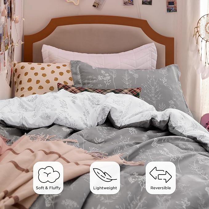 Bedsure Twin/Twin XL Comforter Set - Grey Bed Set, 2 Pieces Cute Floral Bedding, 1 Soft Reversible Botanical Flowers Comforter and 1 Pillow Sham