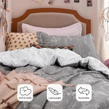 Bedsure Twin/Twin XL Comforter Set - Grey Bed Set, 2 Pieces Cute Floral Bedding, 1 Soft Reversible Botanical Flowers Comforter and 1 Pillow Sham