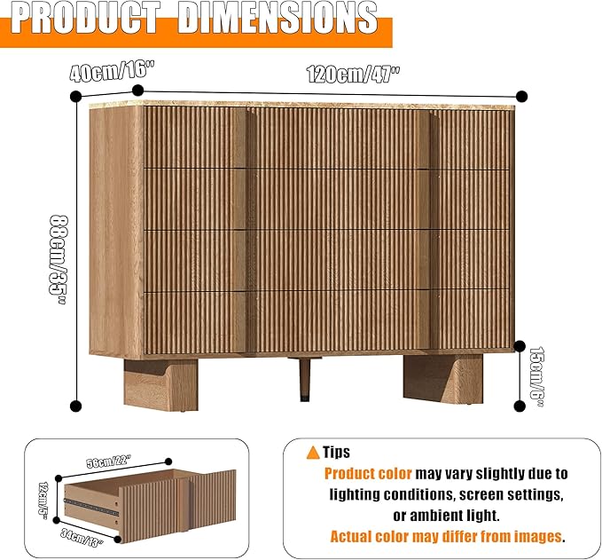 Fluted Dresser for Bedroom with 8 Drawers, 47" Wide Modern Chest of Drawers with Wooden Handle, Wooden Dresser TV Stand, Wood Closet Clothes Storage Organizer for Living Room, Hallway, Natural Oak