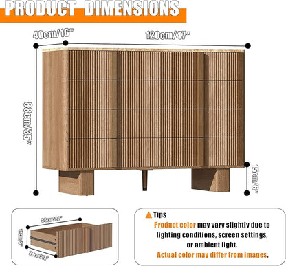 Fluted Dresser for Bedroom with 8 Drawers, 47" Wide Modern Chest of Drawers with Wooden Handle, Wooden Dresser TV Stand, Wood Closet Clothes Storage Organizer for Living Room, Hallway, Natural Oak