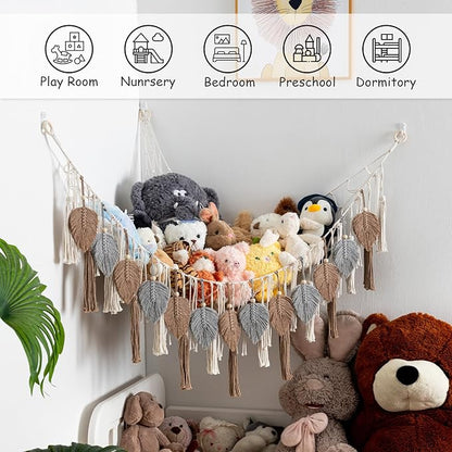 Pretty Jolly Stuffed Animal Storage with Hand Woven Leaf Tassels Hammock Corner Hanging Net Boho Macrame Plush Storage for Kid Room Nursery Decor Wall Display for Girls Gift(Gray&Coffee)
