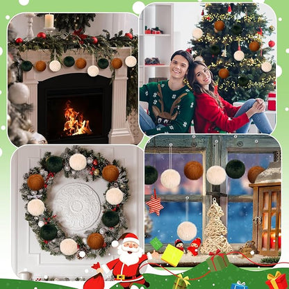 Gejoy 12 Pcs Furry Christmas Ball Ornaments for Xmas Tree Green Brown White Christmas Hanging Decorations Soft Faux Fur Pom Pom Ball Ornaments for Party Supplies Fireplace Mantel Home Wall Decor