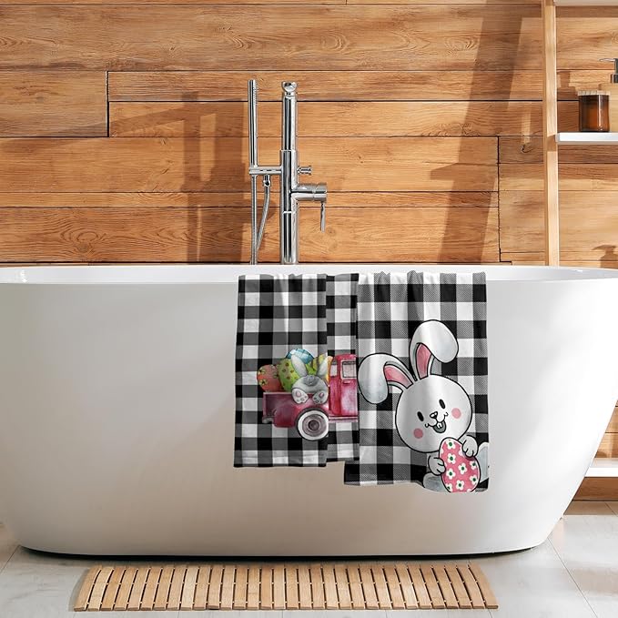 Easter Bunny Hand Towels 2 Pack Pickup Truck Decorative Buffalo Plaid Holiday Soft Absorbent Kitchen 14x28