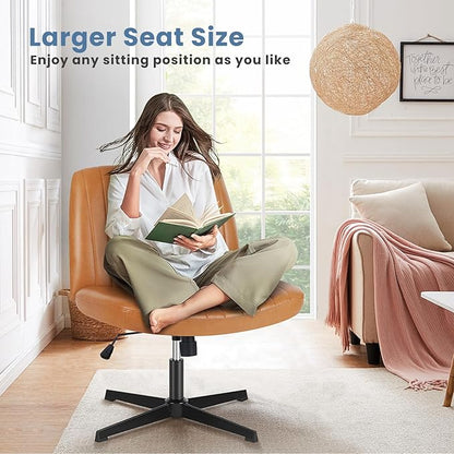 DUMOS Desk Chair No Wheels, Criss Cross Chair Wide Cross Legged Desk Vanity Chair, PU Leather Armless Adjustable Swivel Chairs for Home Computer Task Brwon
