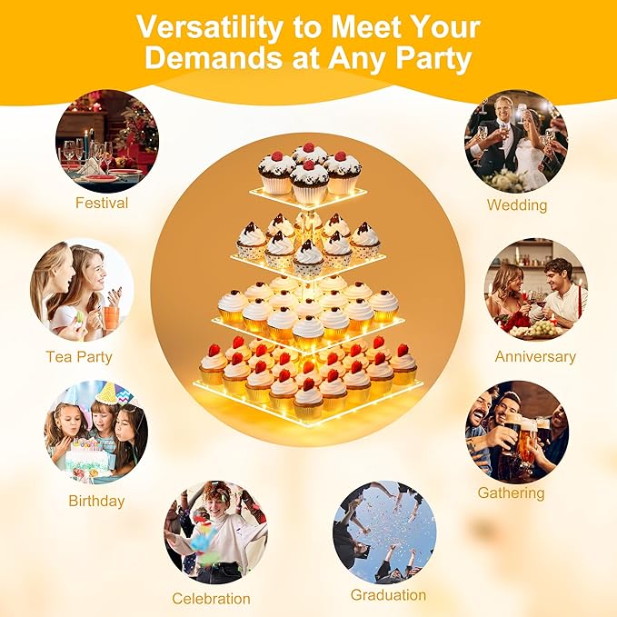 YestBuy 4 Tier Cupcake Stand Acrylic Tower Display with LED Light Premium Holder Dessert Tree Tower for Birthday Cady Bar Décor Weddings, Parties Events (Yellow Light)