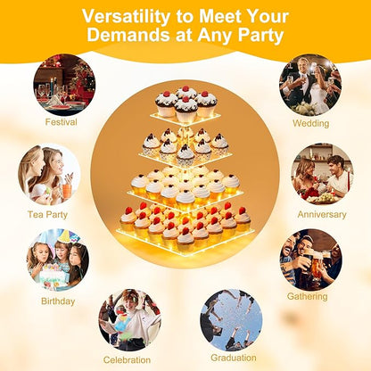 YestBuy 4 Tier Cupcake Stand Acrylic Tower Display with LED Light Premium Holder Dessert Tree Tower for Birthday Cady Bar Décor Weddings, Parties Events (Yellow Light)