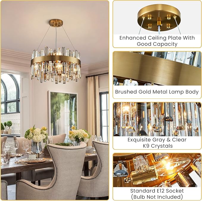 Siljoy 12-Light Modern Crystal Chandelier Luxury Gold 2-Tiers K9 Crystal Raindrop Chandelier Pendant Ceiling Light Fixture for Living Dining Room Kitchen Island Bedroom Foyer D19.7''