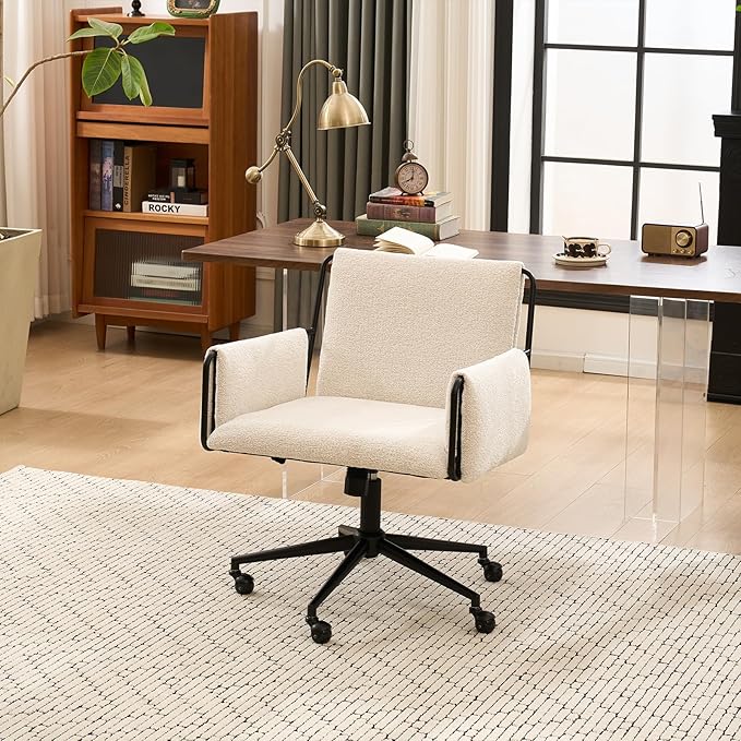 Rowill Modern Office Chair, Beige Boucle Fabric, Adjustable Height, 300 LBS Capacity, Wheels, Arm Rest, Perfect for Home Office, Bedroom, Makeup Room