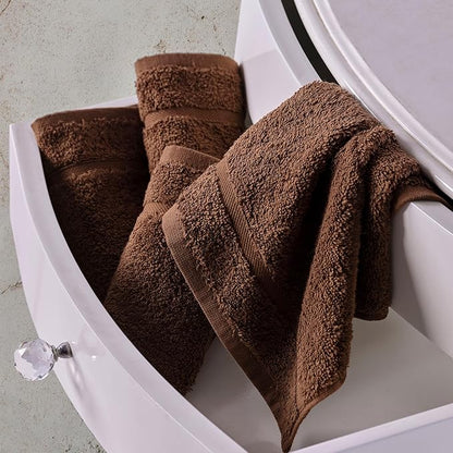 Hawmam Linen Luxury Cotton Washcloths 13x13 Inch - Large Hotel Spa Bath Towels Face Towel 12 Pack, Brown