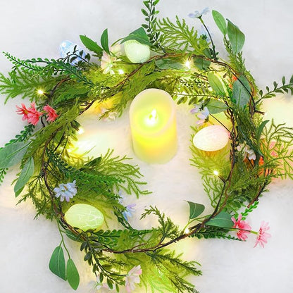 LOMIMOS 6.7FT Easter Lighted Garland,Artificial Spring Vine Branche with Easter Egg Berries Flower for Mantle Fireplace Home Table Party Decoration