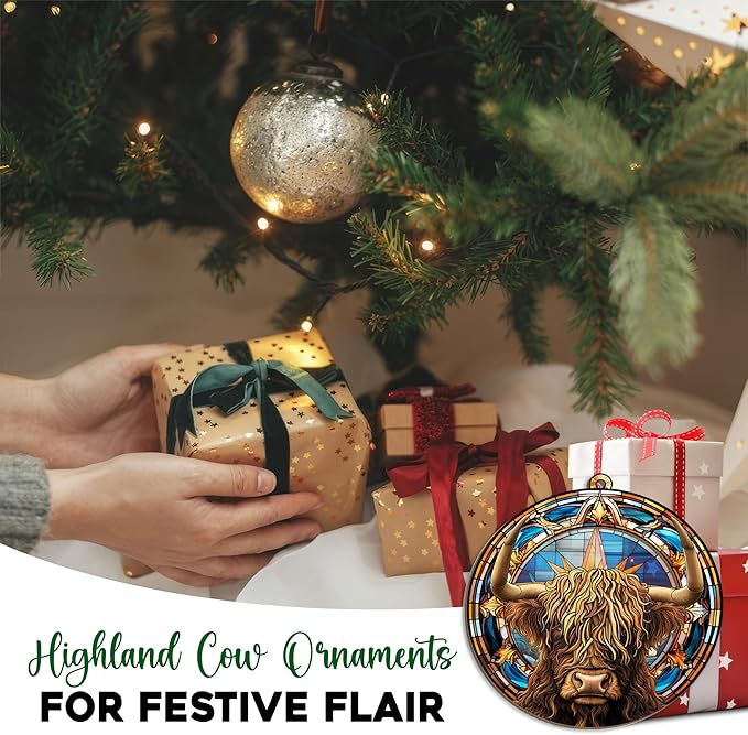 OASSIE Highland Cow Ornament for Christmas Tree - Suncatcher Christmas Ornaments 2025 - Farmhouse Brown Highland Cow Gifts for Women Men Mom Dad Family, Stocking Stuffers for Farm Xmas Decorations