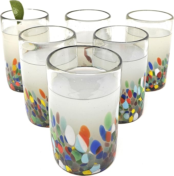 Hand Blown Mexican Drinking Glasses – Set of 6 Confetti Carmen Design Glasses (14 oz each)