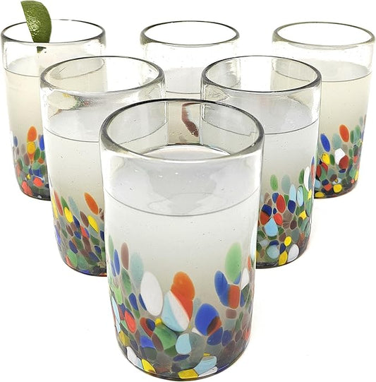 Hand Blown Mexican Drinking Glasses – Set of 6 Confetti Carmen Design Glasses (14 oz each)