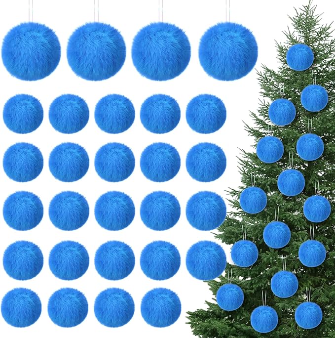 12Pcs Furry Christmas Ball Ornament for Xmas Tree Blue Soft Faux Fur Pom Pom Ball Ornaments Christmas Tree Hanging Decorations for Winter Party Home Decor Costume Supplies
