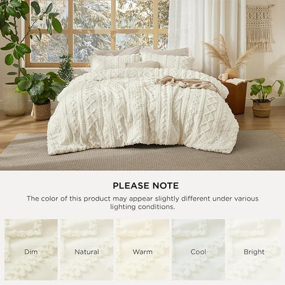 Bedsure Tufted Boho Comforter Set Twin Size - Ivory Boho Bed Set, GentleSoft™ 2 Pieces Farmhouse Shabby Chic Embroidery Bedding, Gifts for Woman, Soft Jacquard Twin Comforter for All Seasons