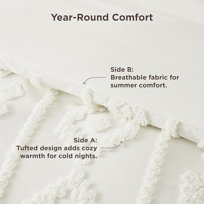 Bedsure King Size Comforter Set - White Tufted Boho Bed Set, Farmhouse Shabby Chic Embroidery Bedding for All Seasons, 3 Pieces, 1 Soft Jacquard King Comforter and 2 Pillow Shams