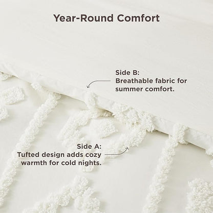 Bedsure King Size Comforter Set - White Tufted Boho Bed Set, Farmhouse Shabby Chic Embroidery Bedding for All Seasons, 3 Pieces, 1 Soft Jacquard King Comforter and 2 Pillow Shams